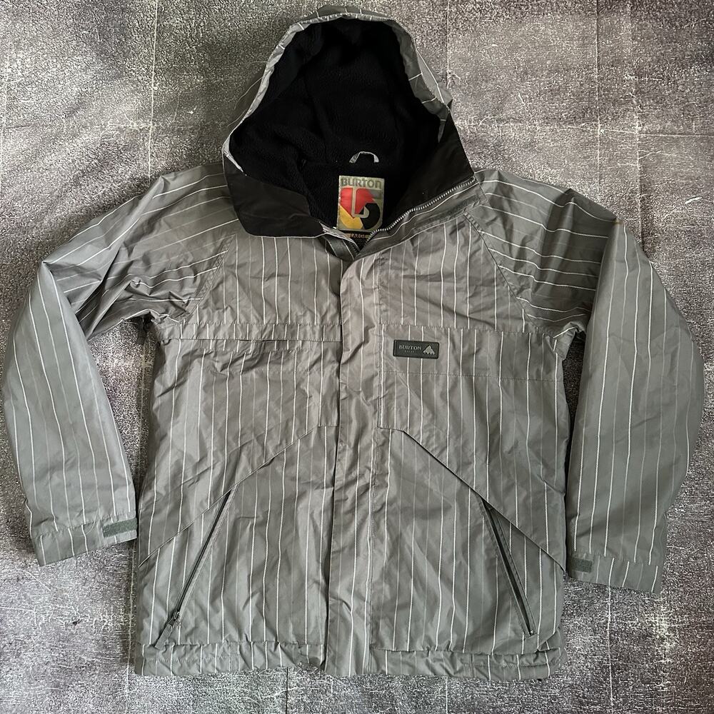 Mens Burton DSG Reaction Smog Gray Striped Hooded Snowboard Ski Coat Jacket Sz L